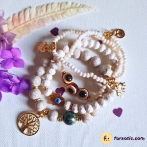 Set Of 4 Bead Bracelet With Hamsa Hand/Elephant/Brown Evil Eye/Tree Of Life Charm