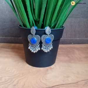 Heart Shape Oxidised Earring With Blue Stone