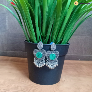 Heart Shape Oxidised Earring With Green Stone