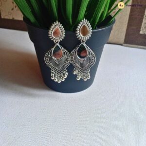 Tear Drop Shape Mirror Silver Oxidised Jhumka