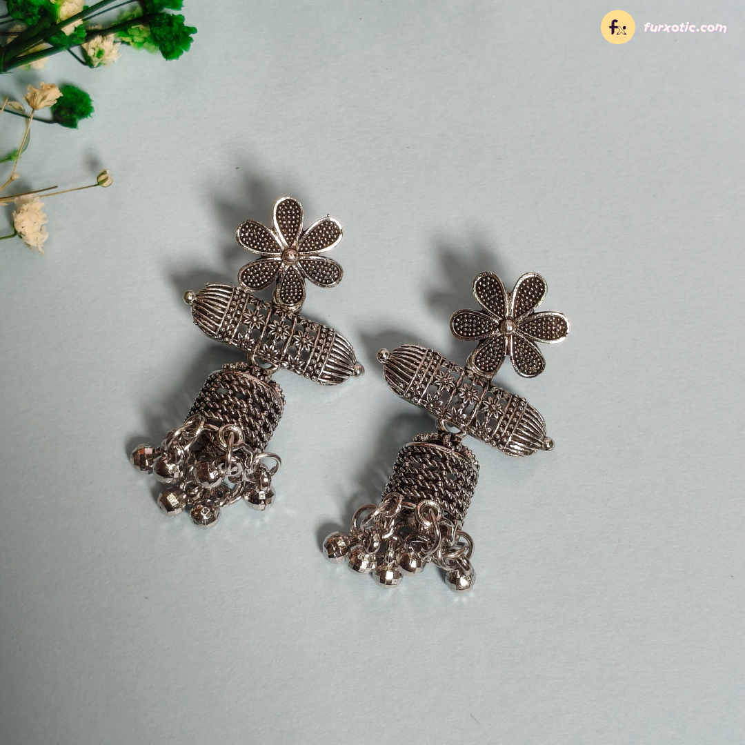 Flower Cylinder Jhumka Oxidised Earring