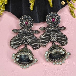 Oxidized Silver Jhumka With Small Stones