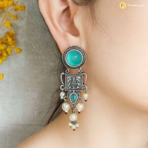Mint Green Stone Silver Plated Oxidised Earring